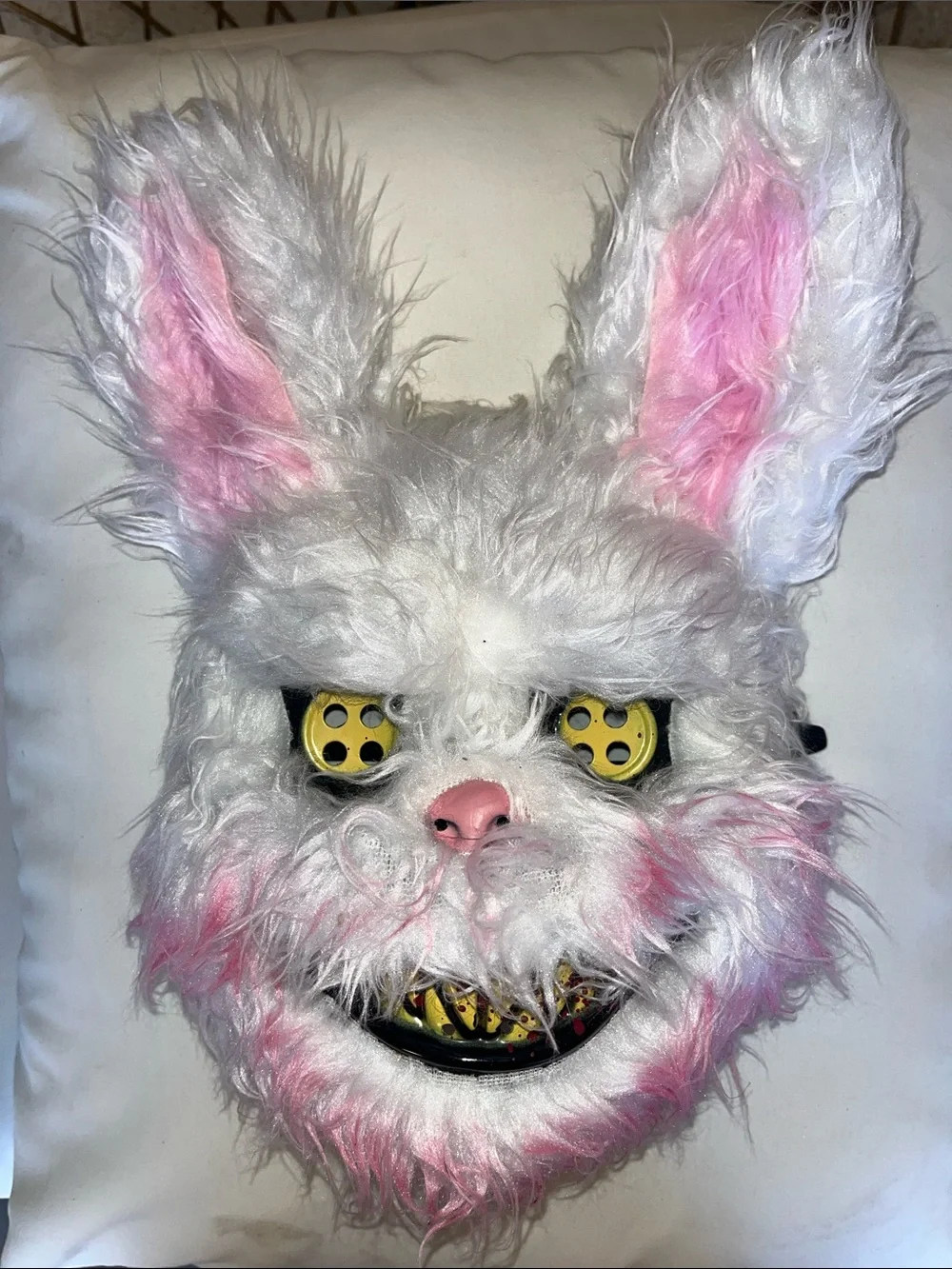 White and Pink Furry Bunny Halloween Mask with Yellow Eyes